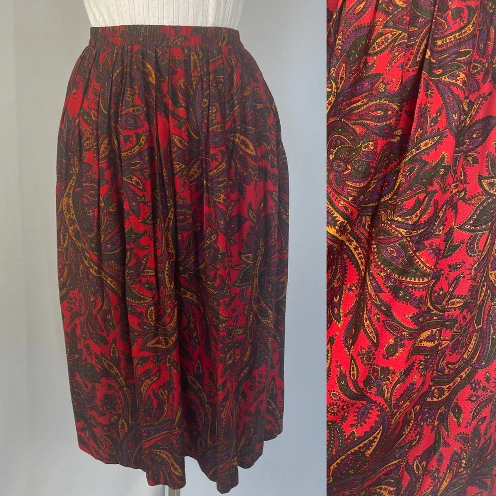 Vintage Midi Skirt Size 10 Red Paisley Pleated A Line Retro Preppy Academia 90s
